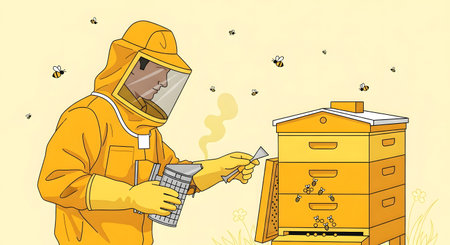A person in a full yellow beekeeping suit with a veiled hood inspects a multi-level beehive, surrounded by numerous buzzing bees.の素材