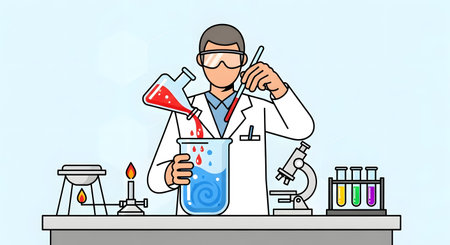 A scientist wearing safety goggles and a lab coat pours liquid from one beaker to another, surrounded by laboratory equipment.の素材