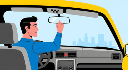 A man in a blue shirt drives a yellow taxi and adjusts the rearview mirror. A city skyline is visible in the background.の素材