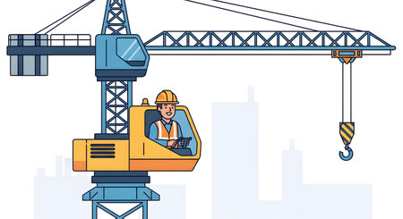 A detailed illustration of a construction worker in a crane cabin, overseeing operations at a high-rise building development.の素材