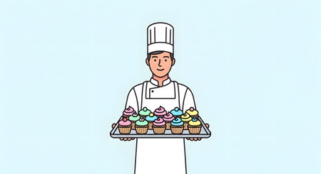 A cheerful baker in a chef's hat holds a tray laden with beautifully decorated cupcakes, ready for serving.の素材
