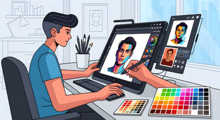 A young man is focused on his digital art, using a stylus on a large screen to create a vibrant portrait. Color palettes are nearby.の素材