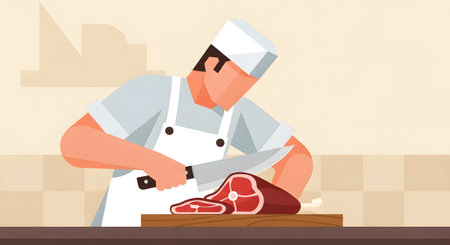 A stylized illustration of a butcher wearing a chef hat and apron, expertly slicing a large cut of raw meat with a knife.の素材