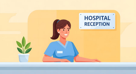 A smiling nurse in blue scrubs stands behind a hospital reception desk, ready to assist. A plant adds a touch of life.の素材
