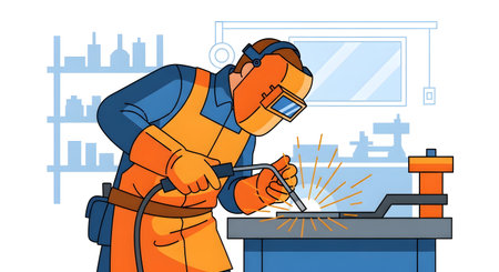 A skilled welder, wearing a protective mask and apron, expertly joins metal pieces with sparks flying in a well-equipped workshop.の素材