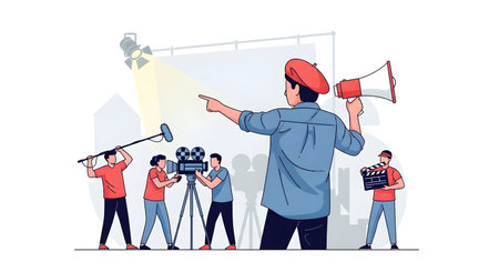 A director guides a film crew with cameras, boom mic, and clapperboard, creating a scene on a white backdrop.の素材