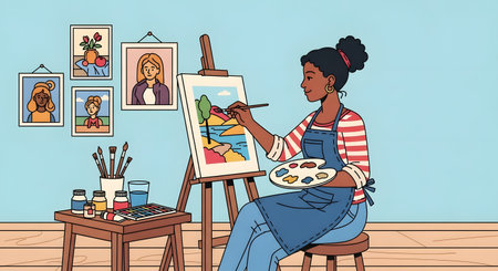 A Black woman artist, wearing overalls, paints a vibrant landscape on a canvas. Artwork hangs on the wall behind her.の素材