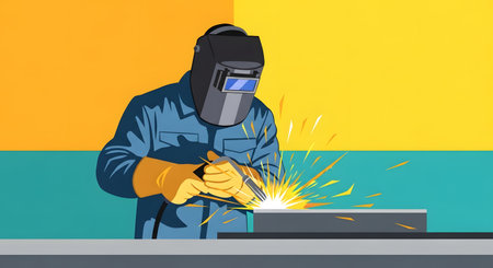 A welder wearing a helmet and gloves intensely focuses on creating sparks while working on a metal surface.の素材