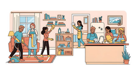 Several individuals are engaged in various tasks, including cleaning, organizing, and working at a desk, in a well-lit and tidy indoor space.の素材