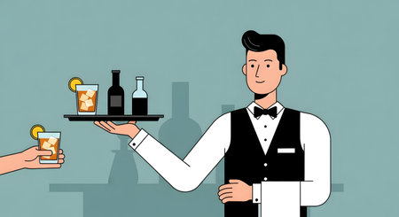 A smiling waiter in a vest and bow tie holds a tray with drinks and bottles. Another drink is offered.の素材