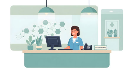 A smiling woman in a blue uniform stands behind a teal reception desk with a computer and plants. The background features a wall with decorative elements.の素材