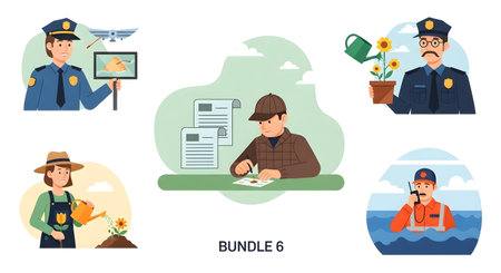 This illustration features a collection of people from various professions, including law enforcement, gardening, and maritime rescue, depicted in distinct scenes.の素材