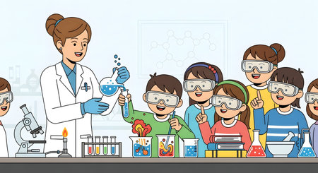A female teacher in a lab coat demonstrates a science experiment to a group of excited children wearing safety goggles.の素材