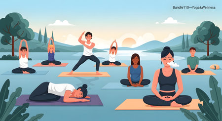 People of various ages and ethnicities engage in different yoga poses on mats amidst trees, mountains, and a tranquil sky.の素材