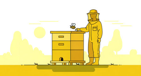 A beekeeper wearing a full protective suit stands beside a stacked beehive, holding a small bee and a flower.の素材