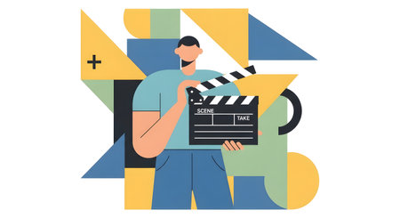 A stylized illustration of a person holding a film clapperboard, set against a vibrant, abstract geometric backdrop with various shapes and colors.の素材