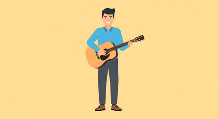 A stylized illustration of a young man with dark hair, wearing a blue shirt and dark pants, playing an acoustic guitar. The background is a solid pale yellow.の素材