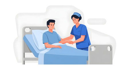 A nurse in blue scrubs gently holds a patient's hand while they lie in a hospital bed.の素材