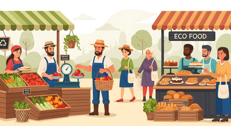 A lively outdoor market with vendors selling fresh fruits, vegetables, and baked goods to customers.の素材