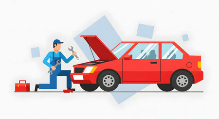 A mechanic in blue overalls kneels beside a red car, fixing it with a tool. A toolbox sits nearby.の素材