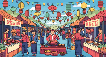 A lively outdoor market with stalls, people browsing, and colorful lanterns strung overhead under a bright blue sky.の素材