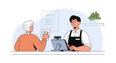 An older customer discusses items with a young male cashier standing behind a store counter with a cash register.の素材