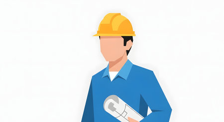 A faceless man wearing a yellow hard hat and blue work shirt holds rolled up blueprints. Vector art.の素材