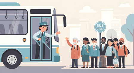 A friendly bus driver gestures to a diverse group of people waiting patiently at a bus stop, ready to board.の素材