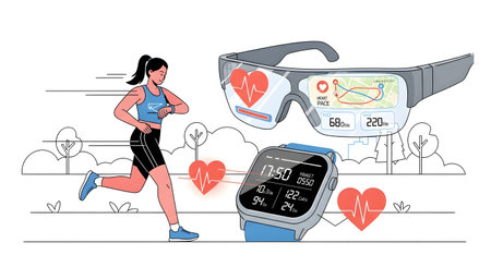 Illustration of a woman jogging while wearing smart glasses and a smartwatch, both showing heart rate and fitness metrics.の素材