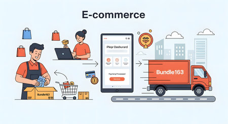 Illustration depicting e-commerce with online shopping, delivery truck, and happy customers. Features a man packing orders and a woman using a laptop.の素材