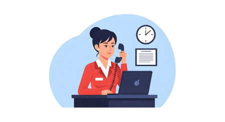 A woman in a red blazer answers a phone call while working at a desk with a laptop and a clock on the wall.の素材