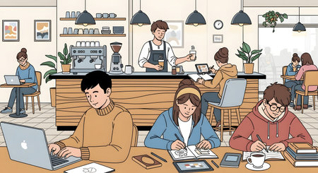 A lively scene inside a coffee shop with patrons working on laptops, studying, and enjoying beverages at the counter.の素材