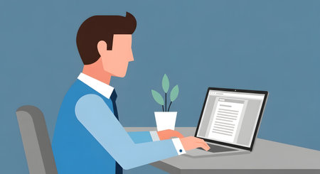 A man in a blue shirt and tie sits at a desk, typing on a laptop. A small potted plant is nearby.の素材