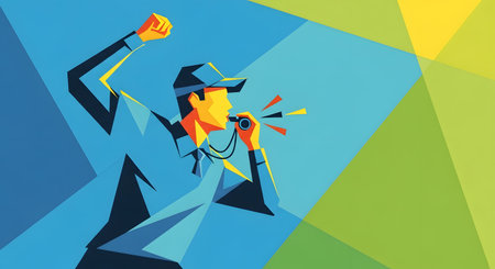 A stylized, geometric illustration of a person in a baseball cap cheering enthusiastically with a raised fist and a megaphone.の素材