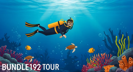 A scuba diver explores a colorful coral reef teeming with tropical fish and illuminated by sunlight filtering through the ocean's surface.の素材