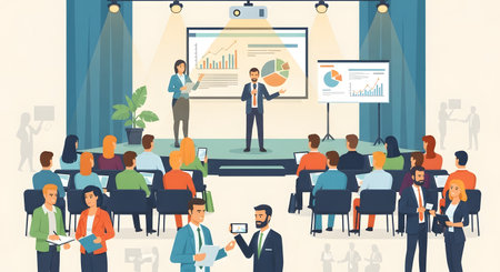 A speaker presents a business chart on a large screen to an attentive audience seated in an auditorium.の素材