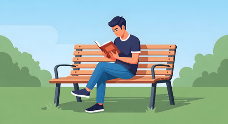 A young man sits on a wooden park bench, engrossed in reading a book, with trees and a clear sky in the background.の素材