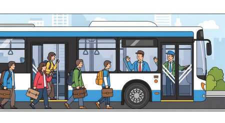 A diverse group of people are boarding a blue and white city bus. The driver is visible inside, and passengers are seen through the windows.の素材
