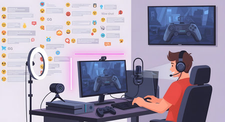 A person is shown playing a video game on a computer with a ring light and microphone, suggesting a streaming setup.の素材