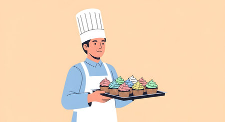 A smiling baker in a tall chef's hat and apron holds a tray filled with vibrantly decorated cupcakes, ready to serve.の素材