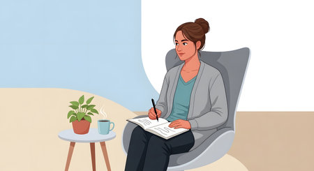 A woman sits in a comfortable chair, holding a pen and paper, appearing to be in a therapy session or counseling. A plant and mug are nearby.の素材