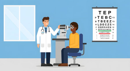 An optometrist performs an eye exam on a patient seated in a chair, with a vision test chart on the wall.の素材