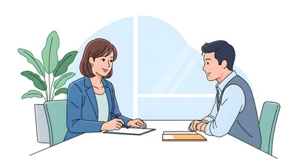 A man and woman sit across a table in an office setting, engaged in a professional discussion with documents present.の素材