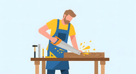 A bearded carpenter wearing overalls saws a wooden plank on a workbench, with sawdust flying.の素材