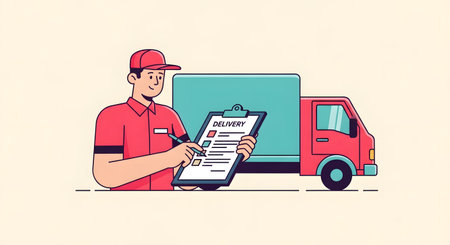 A smiling delivery person in a red uniform holds a clipboard with a checklist, standing beside a red delivery truck.の素材