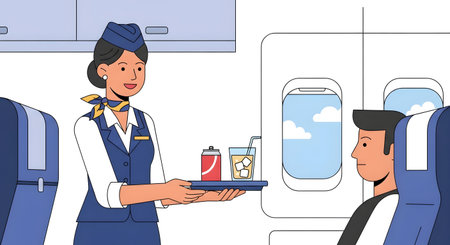 A flight attendant in uniform offers beverages to a passenger seated in an airplane cabin near the window.の素材