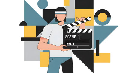 A person wearing a VR headset holds a clapperboard against a vibrant, abstract geometric backdrop.の素材