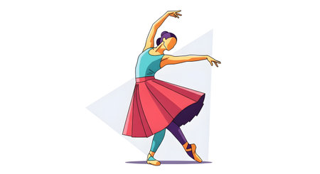 A stylized illustration of a ballerina in mid-performance, captured in a graceful pose with vibrant colors and abstract background elements.の素材