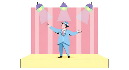 A person in a blue suit and hat stands on a stage with pink curtains and spotlights shining down.の素材