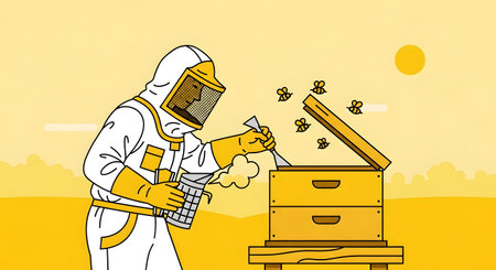 A beekeeper wearing a white suit and veil carefully tends to a stacked beehive, with bees buzzing around the open lid.の素材